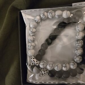 White and Gray Beaded Bracelet Set
